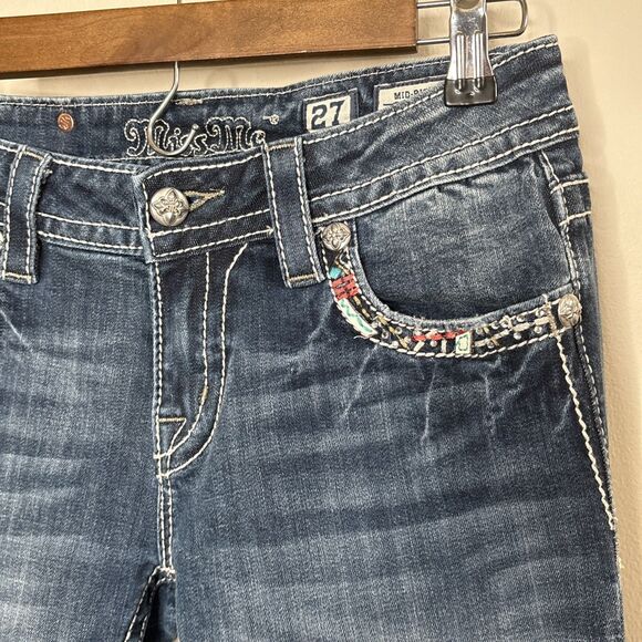 Miss Me Jeans Mid Rise Boot Embellished Pockets Southwest Distressed 27/34 - Picture 9 of 13